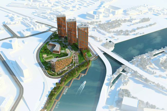 Многофункциональный жилой комплекс на территории завода «Филикровля». Вид с высоты птичьего полёта. Проект, 2015 © ABD architects Многофункциональный жилой комплекс на территории завода «Филикровля». Вид с высоты птичьего полёта. Проект, 2015 © ABD architects