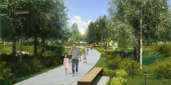 Проект реконструкции детского парка в г. Озерске. Эскиз аллеи парка © Архитектурное бюро А4