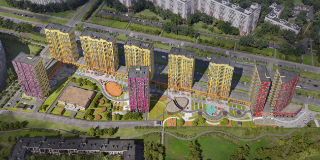 Multiapartment buildings on the Komendantsky Prospect. Birds-eye view. Project, 2015  Evgeny Gerasimov and Partners