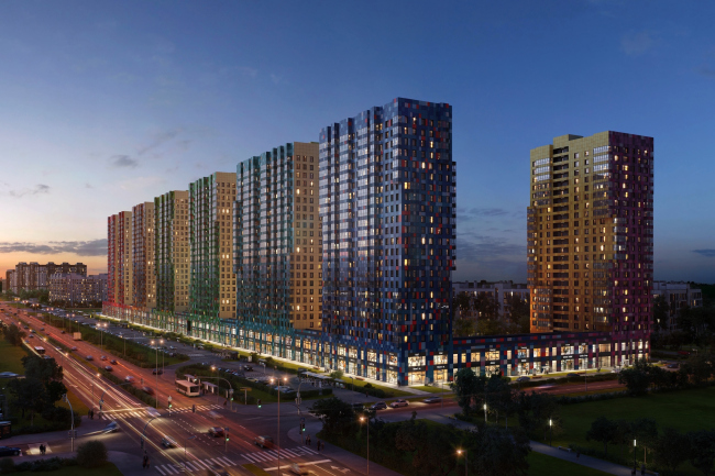 Multiapartment buildings on the Komendantsky Prospect. Night view from the Glukharskaya Street. Project, 2015  Evgeny Gerasimov and Partners