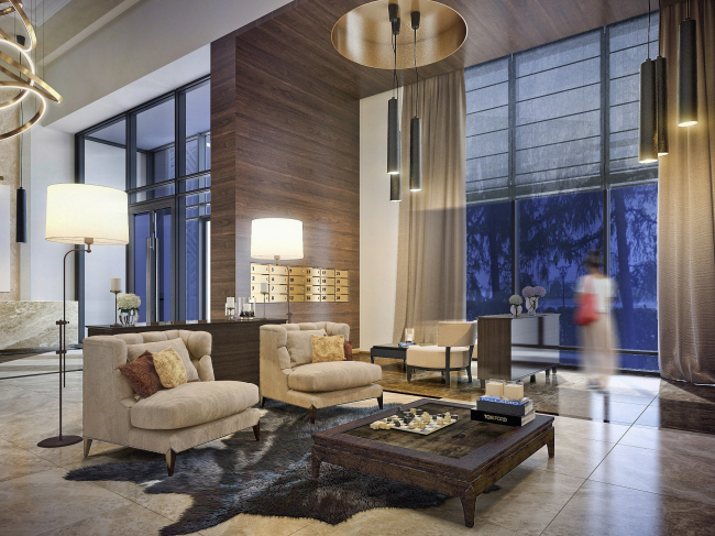 Multifunctional residential complex in Ekaterinburg. Interior of the entrance lobby. Project, 2016 � T+T Architects