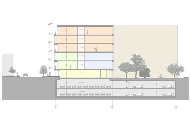 The housing project on the Malaya Ordynka Street. Section view