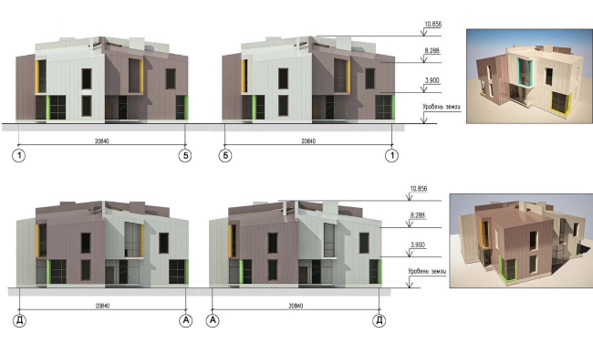 Концепция застройки территории малоэтажного жилого комплекса в Сестрорецке. Фасады. Проект, 2012 © Архитектуриум