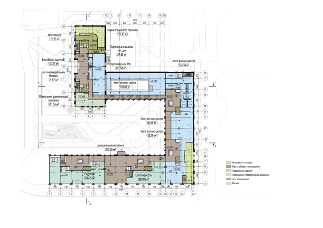 Multifunctional residential complex in Ekaterinburg. Plan of the 1st floor. Project, 2016  T+T Architects