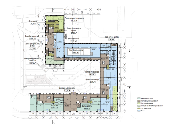Multifunctional residential complex in Ekaterinburg. Plan of the 1st floor. Project, 2016 � T+T Architects