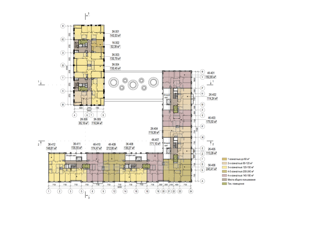 Multifunctional residential complex in Ekaterinburg. Plan of the typical (2-6) floor. Project, 2016  T+T Architects