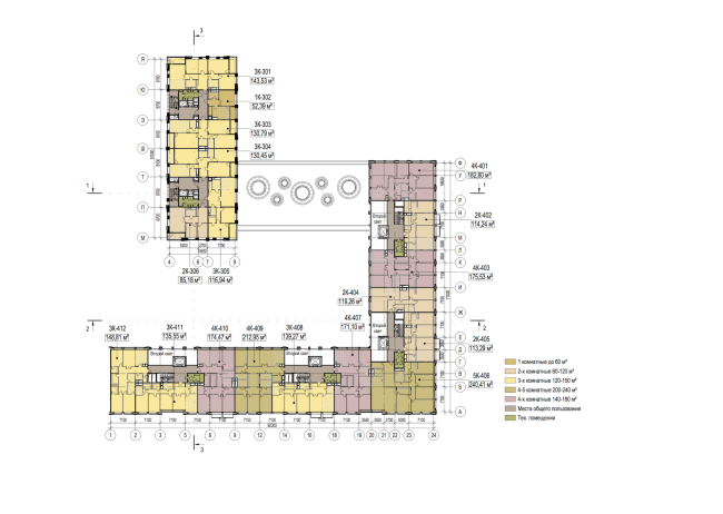 Multifunctional residential complex in Ekaterinburg. Plan of the typical (2-6) floor. Project, 2016 � T+T Architects