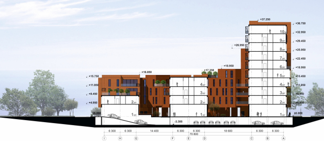 Concept of the residential development in Moscow. Section view. Project, 2016  Sergey Estrin Architects