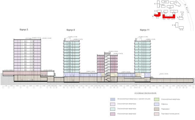 The concept of a multifunctional housing project on the Bolshaya Pochtovaya Street. Section view  "ABV Group" architects