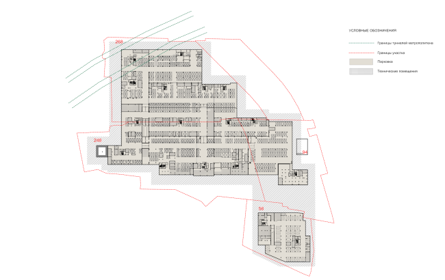 The concept of a multifunctional housing project on the Bolshaya Pochtovaya Street. Plan of the underground parking on the -1st floor  "ABV Group" architects