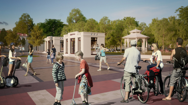 Reconstruction of Kirov's Spasskaya Square. The shopping arcades and the park if viewed from the square © Arkhstroidesign
