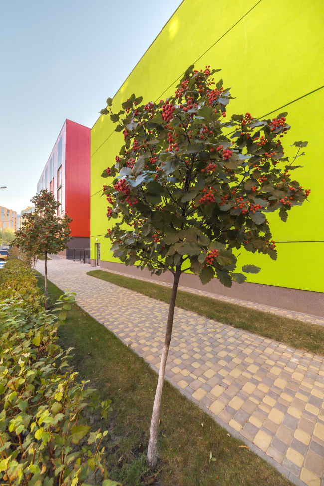 The kindergarten and the junior high school on the territory of "Comfort Town" residential area. The kindergarten unit. Construction, 2014  Archimatika