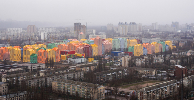 The school complex on the territory of "Comfort Town" residential area. Birds-eye view. Construction, 2014  Archimatika