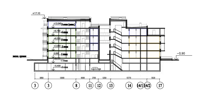 Buildings of "Baltiyskaya Zhemchuzhina" complex (Dudergoff Club residential project). Section view (a sectional residential house)  Sergey Tsytsin Architects