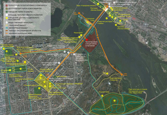 Architectural and planning concept of "Novosibirsk Srena" project. The plan of the main pedestrian routes. Project, 2016  Arkhstroydesign