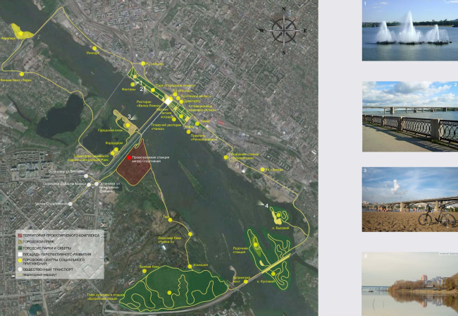 Architectural and planning concept of "Novosibirsk Srena" project. Plan for integrating the project into the system of the public recreational spaces on the waterfront. Project, 2016  Arkhstroydesign