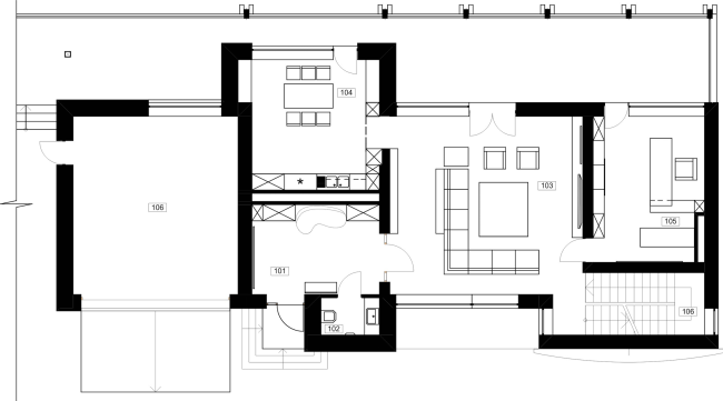 Частный жилой дом «Julia House». Главный дом, план 1 этажа. Реализация, 2014 © Архитектурная мастерская Романа Леонидова
