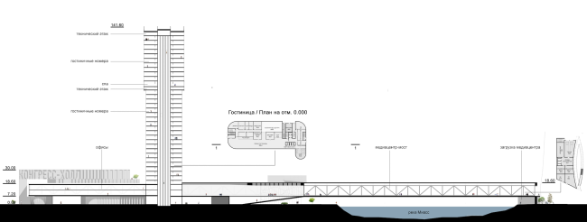 Hotel complex and media center in Chelyabinsk. Section view and plan of the 1st floor of the hotel. Project, 2016  GrandProjectCity