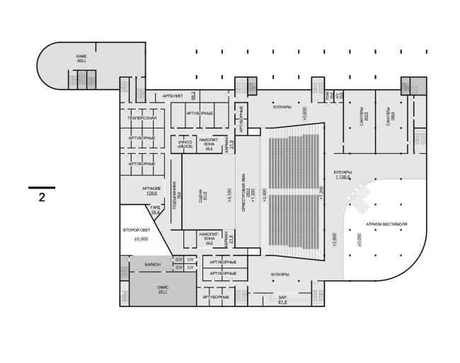 Hotel complex and media center in Chelyabinsk. Plan of the 2nd floor of the convention hall. Project, 2016  GrandProjectCity