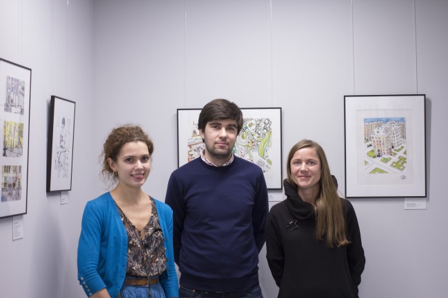 Elena Sadkovskaya, Arsen Orekhov, Galina Shashkina at the inauguration of the exhibition "Architects Drawing Life" // "Rules of Communication", 2016