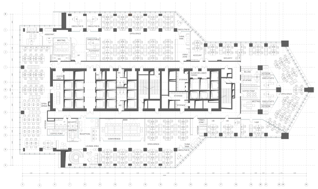 Office of Orange Business Services in the Mercury Tower. Plan of the 11th floor. Implementation, 2016 © T+T Architects