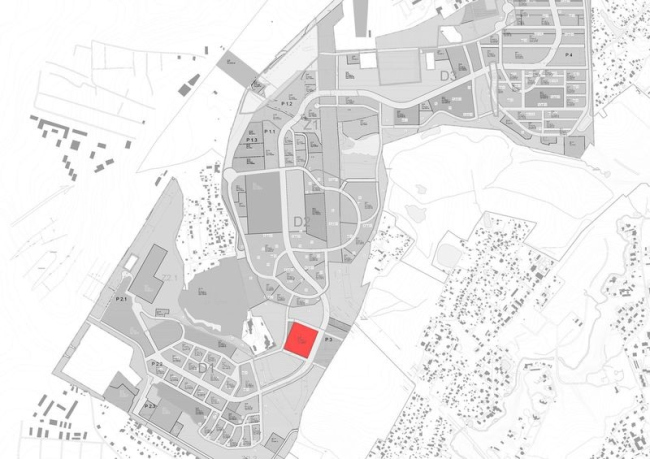 International Medical Cluster in Skolkovo. The location of the block of the first stage on the Skolkovo master plan. Image courtesy by Asadov Bureau