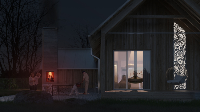 Русский стиль. Флагман. Вид на главный фасад ночью © Ilya Samsonov Architecture & Design