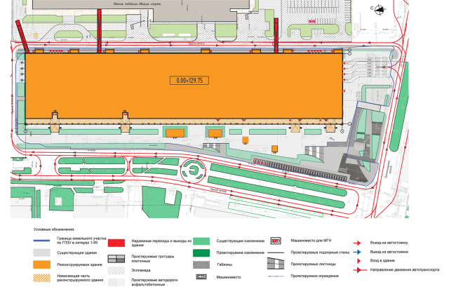 Multifunctional complex in "Park of Legends" on the territory of the former ZIL plant. Diagram of the planning organization of the land plot superimposed on the transport diagram of the territory  Olimpproekt Group