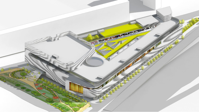 Project. On the left: the unbuilt esplanade leading to the park. "Oceania" multifunctional center (facade solutions)  Asadov Architectural Bureau