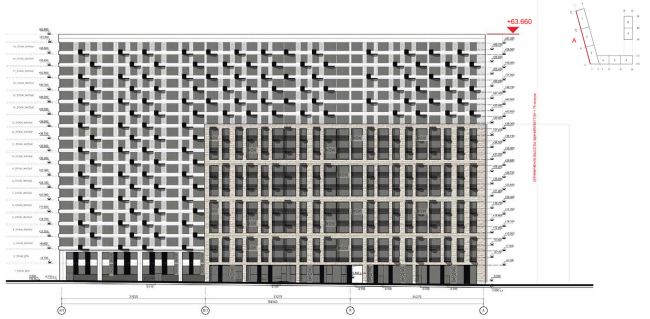 Housing complex at the Mikhailova Street. Elevation on grid in axes C1-A  Olimpproekt Group