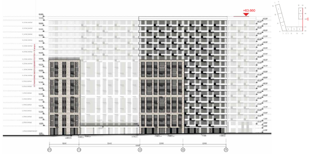 Housing complex at the Mikhailova Street. Elevation on grid in axes A2-Pb  Olimpproekt Group