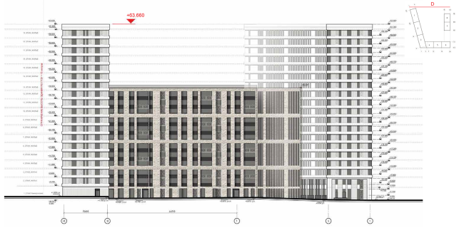 Housing complex at the Mikhailova Street. Elevation on grid in axes 4-b-1  Olimpproekt Group