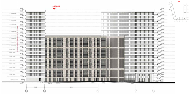 Housing complex at the Mikhailova Street. Elevation on grid in axes 4-b-1 � Olimpproekt Group