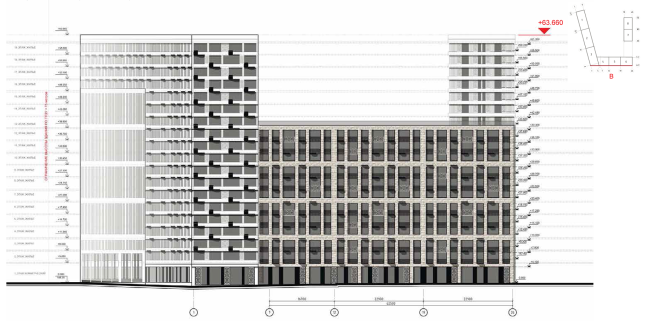 Housing complex at the Mikhailova Street. Elevation on grid in axes 1-26  Olimpproekt Group
