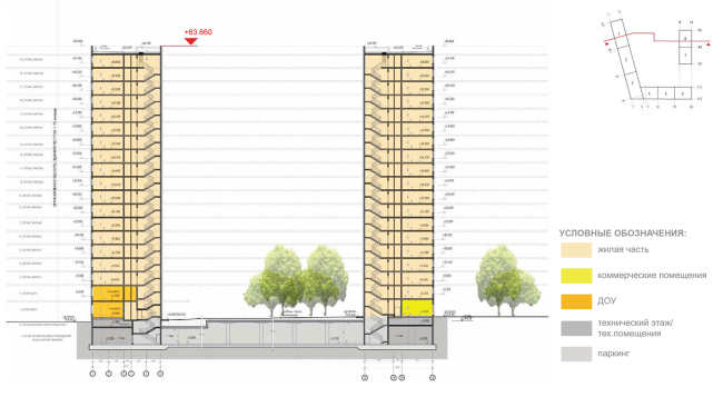 Housing complex at the Mikhailova Street. Section view 1-1 � Olimpproekt Group