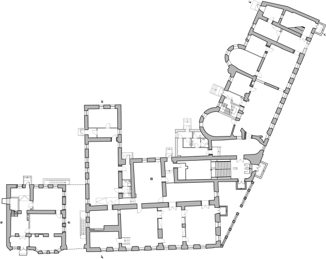 Restoration of the Dolgorukovykh-Bobrinskikh manor house on the Malaya Dmitrovka Street. Plan of the 1st floor  Ginsburg Architects