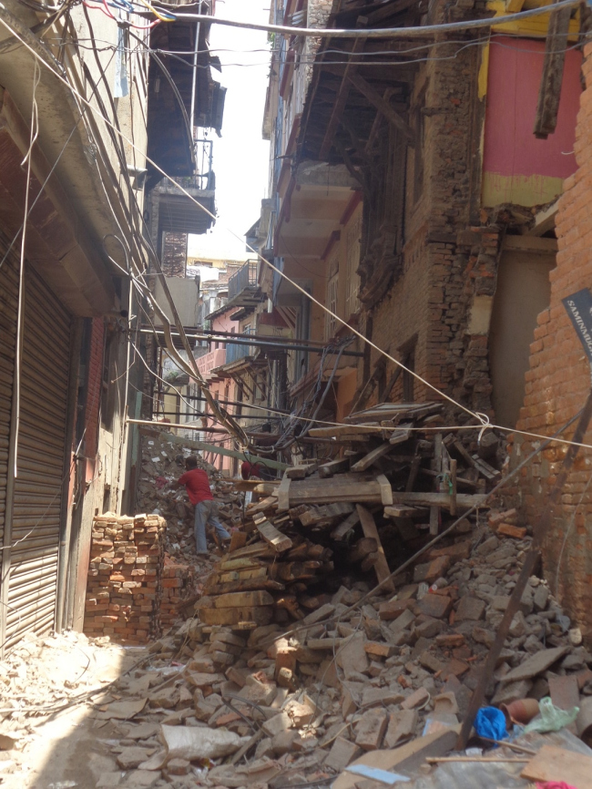 A collapsed building in the historic city of Kathmandu.  Kai Weise