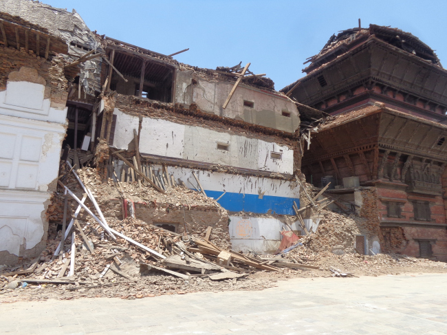 The sections of the Hanuman Dhoka Palace which collapsed which included the Tribhuvan exhibit wing and the top floors of the nine-storey tower. � Kai Weise