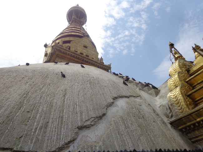 The Swayambhu Mahachaitya showing the temporarily sealed cracks after removal of layers of lime-wash. � Kai Weise