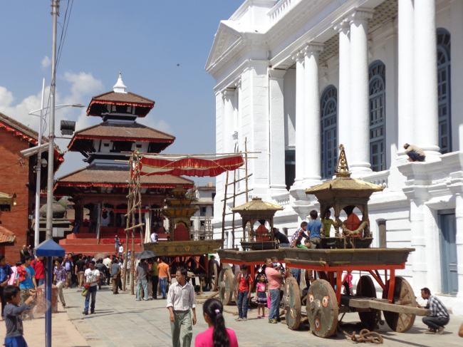 The Indra Jatra chariots in Hanuman Dhoka in September 2013.  Kai Weise 