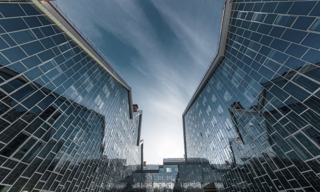 ASTRA housing complex. The stained glass windows in the space of the yard. Photograph � Dmitry Shardakov