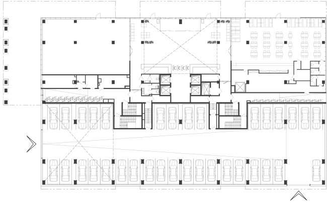 The north part of the podium is occupied by cafes and shops, the south part (facing the yard) hosts the parking garage. "Optima-Plaza" office complex  Archimatika