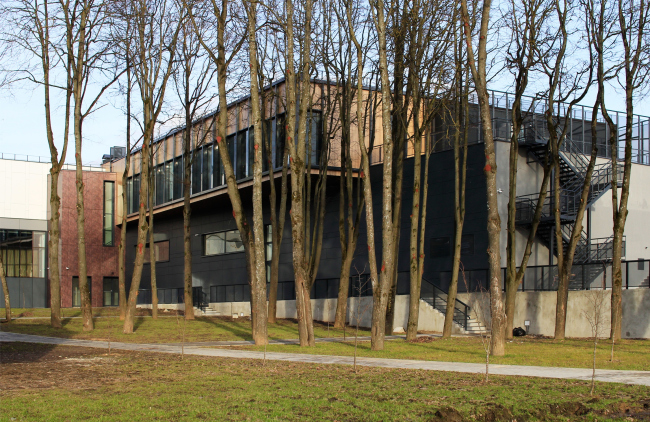 Yard with a lime tree avenue turned towards the Oka. Behind the trees one can see the northwest wall of the main hall. Innovation and Culture Center in Kaluga.  Photograph  Julia Tarabarina, Archi.ru
