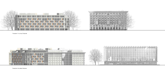 Residential house on the Esperova Street. Top: Development drawing along the Esperova Street, view from the northeast Bottom: Development drawing along the Esperova and Solnechnaya streets, view from the northwest side  Anatoly Stolyarchuk architectural 