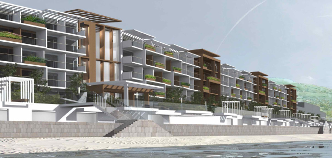 The project of an apratment hotel in Gelendzhik. Perspective view. The central south entrance  Ginsburg Architects