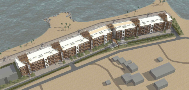 The project of an apratment hotel in Gelendzhik. Perspective view. Overview of the north facade  Ginsburg Architects
