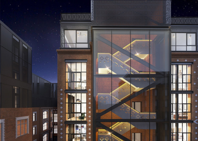 "Bolshevik" apartment housing complex, fragment of the facade and the staircase � IND Architects