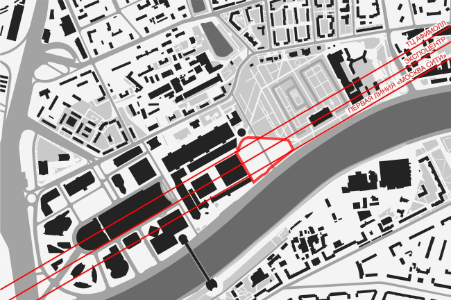 Housing complex with an underground parking garage on the Krasnopresnenskaya Embankment. Compositional axes of "Moscow City"  Sergey Skuratov Architects