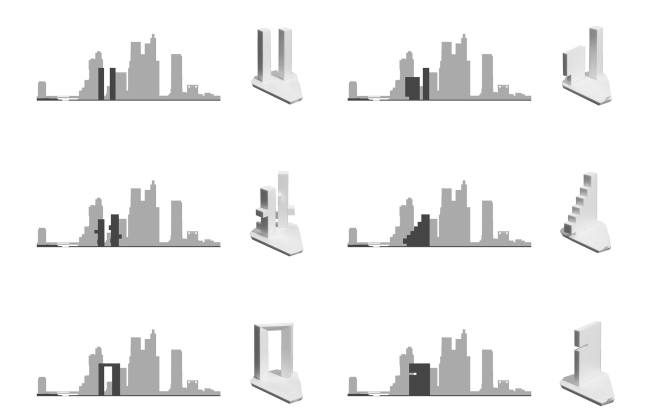 Housing complex with an underground parking garage on the Krasnopresnenskaya Embankment. Versions. Silhouette scheme � Sergey Skuratov Architects