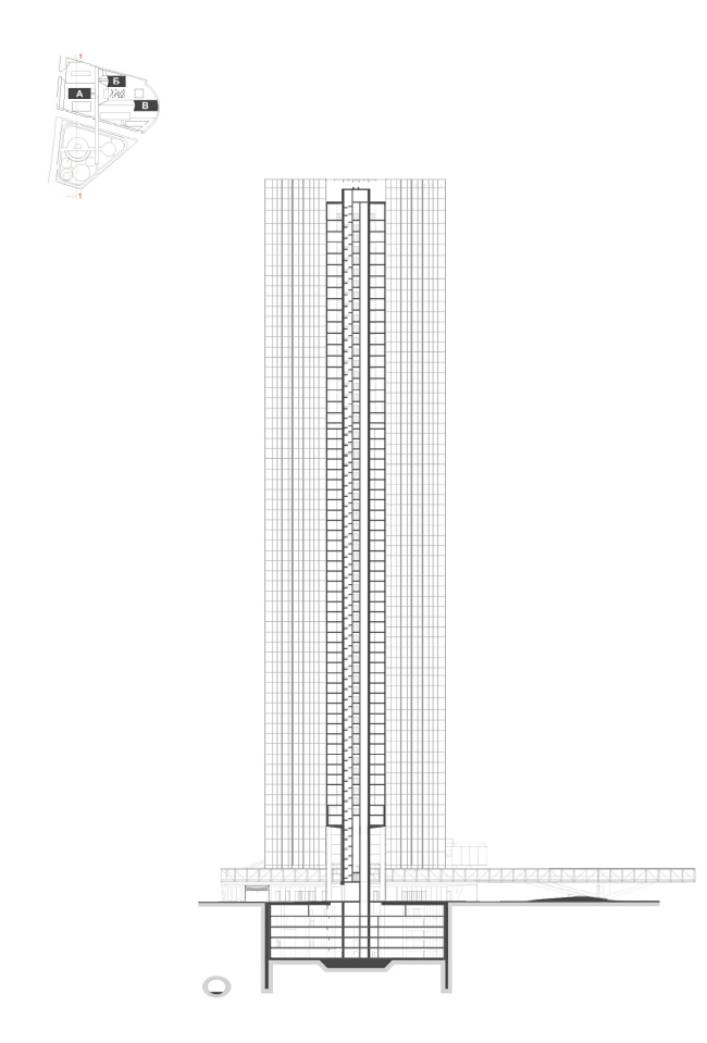 Housing complex with an underground parking garage on the Krasnopresnenskaya Embankment. Section view 1-1 � Sergey Skuratov Architects